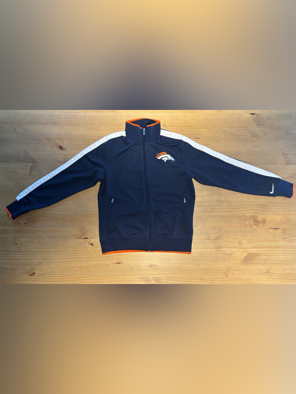 Nike Adult Navy Track Jacket with White Sleeve Stripes and Orange Trim